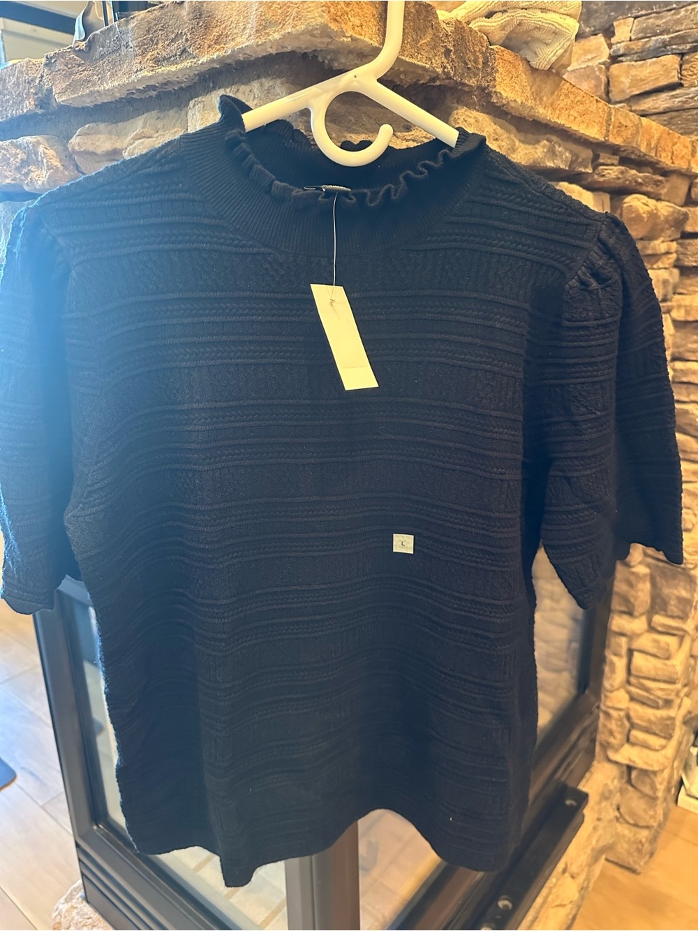 Ann Taylor Black Short-Sleeve Textured Knit Top